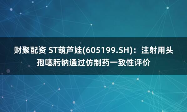 财聚配资 ST葫芦娃(605199.SH)：注射用头孢噻肟钠通过仿制药一致性评价